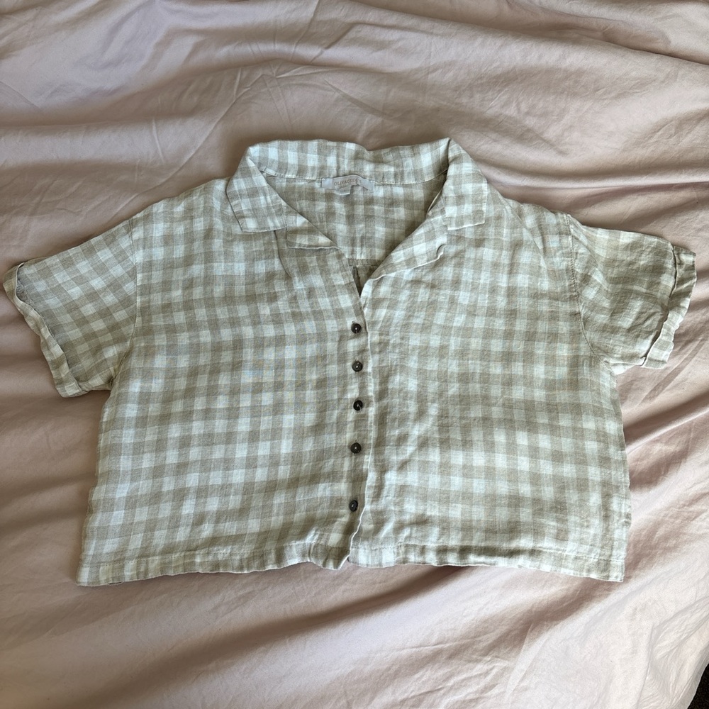 Olivaceous Beige Plaid Linen Top